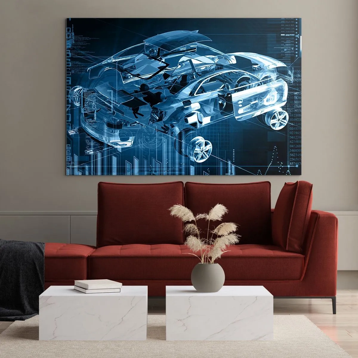 Cuadro sobre vidrio - Impresiones sobre Vidrio - Diagrama tecnológico de un coche de estilo futurista. - 70x50cm - Anatomía del ingeniero - Decoración de pared moderna para salón y dormitorio ARTTOR