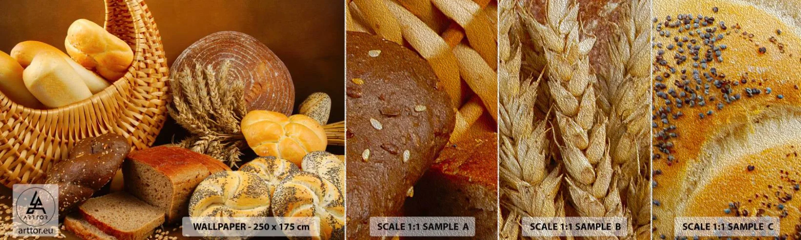 Muestra de fotomural Premium Sand - Nos han vuelto a hornear - Gastronomía, Pan, Pan - 100x30 cm