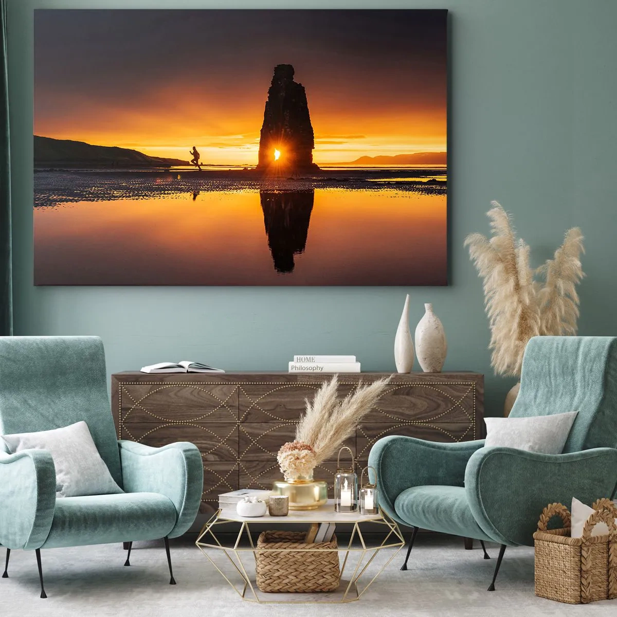 Cuadro sobre lienzo - Impresión de Imagen - Persona corriendo en la playa al atardecer con formación rocosa - 100x70cm - Solo tú y la naturaleza - Decoración de pared moderna para salón y dormitorio ARTTOR