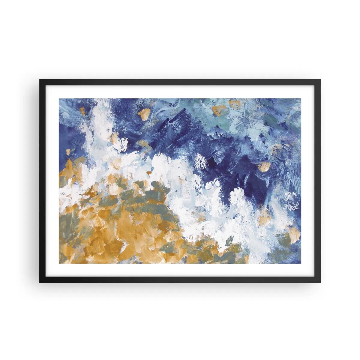 Póster en marco negro - Abstracción en tonos azules, blancos y dorados. - 70x50cm - Danza de los elementos - Decoración de pared moderna para salón y dormitorio ARTTOR