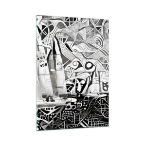 Cuadro sobre vidrio - Impresiones sobre Vidrio - Abstracción en blanco y negro con veleros y patrones geométricos. - 50x70cm - Entre las olas - Decoración de pared moderna para salón y dormitorio ARTTOR