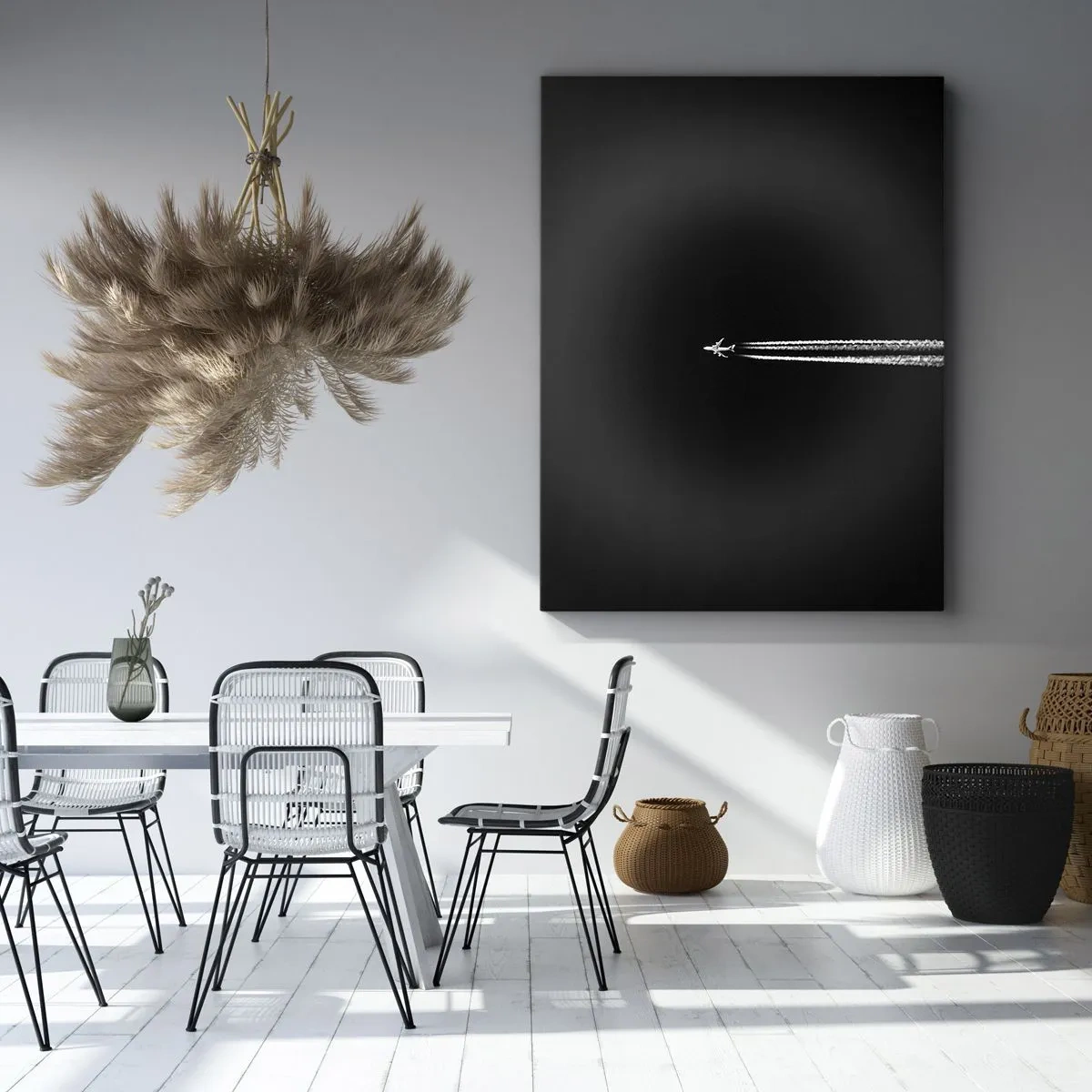 Cuadro sobre lienzo - Impresión de Imagen - Un avión a reacción con una estela de condensación visible sobre un fondo negro. - 50x70cm - En otra dimensión - Decoración de pared moderna para salón y dormitorio ARTTOR