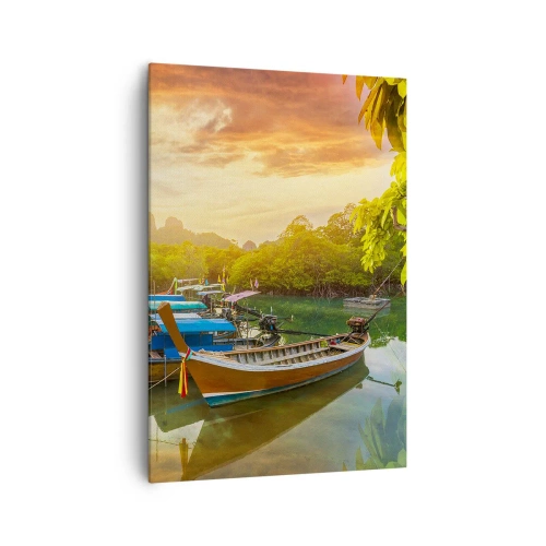 Cuadro sobre lienzo - Impresión de Imagen - Barcos tradicionales en aguas tranquilas al atardecer - 70x100cm - Antes de un día ajetreado - Decoración de pared moderna para salón y dormitorio ARTTOR
