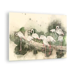 Cuadro sobre vidrio - Impresiones sobre Vidrio - Flamencos sobre el fondo de una composición de acuarela. - 70x50cm - Un sueño exótico - Decoración de pared moderna para salón y dormitorio ARTTOR