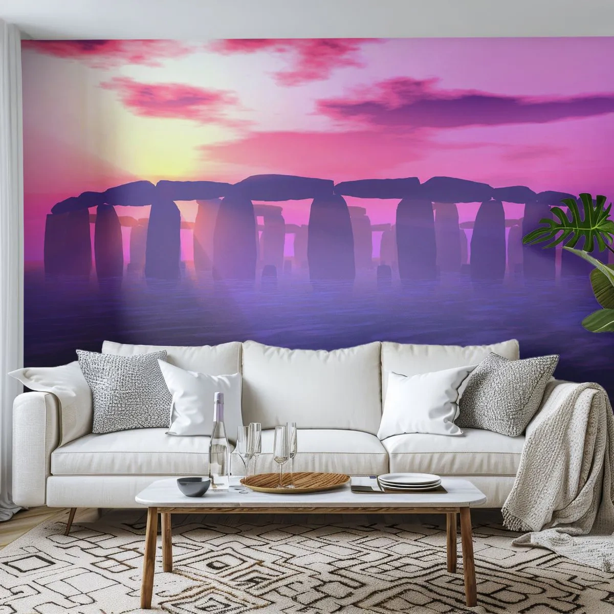 Fotomural Premium Canvas - Misterio al amanecer en la niebla - Arquitectura, Stonehenge, Círculos de piedra - 250x175 cm