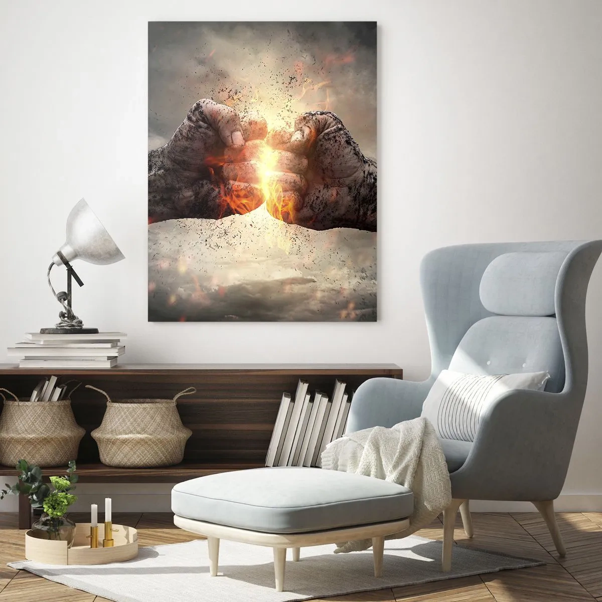 Cuadro sobre vidrio - Impresiones sobre Vidrio - Puños cerrados en una escena de incendio dinámica - 70x100cm - La lucha comienza - Decoración de pared moderna para salón y dormitorio ARTTOR