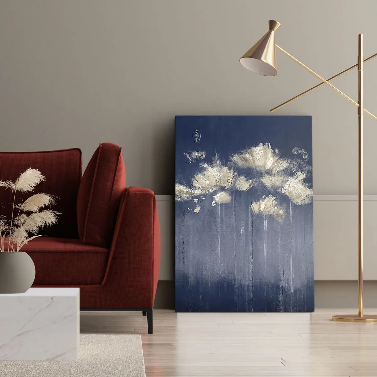 Cuadro sobre lienzo - Impresión de Imagen - Delicadas flores sobre fondo azul. - 50x70cm - Como pétalos al viento - Decoración de pared moderna para salón y dormitorio ARTTOR