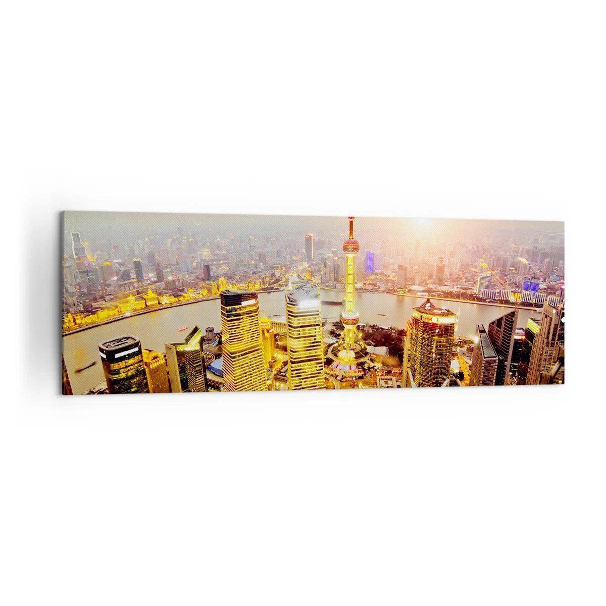 Cuadro sobre lienzo - Impresión de Imagen - Panorama de la ciudad con rascacielos al atardecer - 160x50cm - Sueño asiático - Decoración de pared moderna para salón y dormitorio ARTTOR