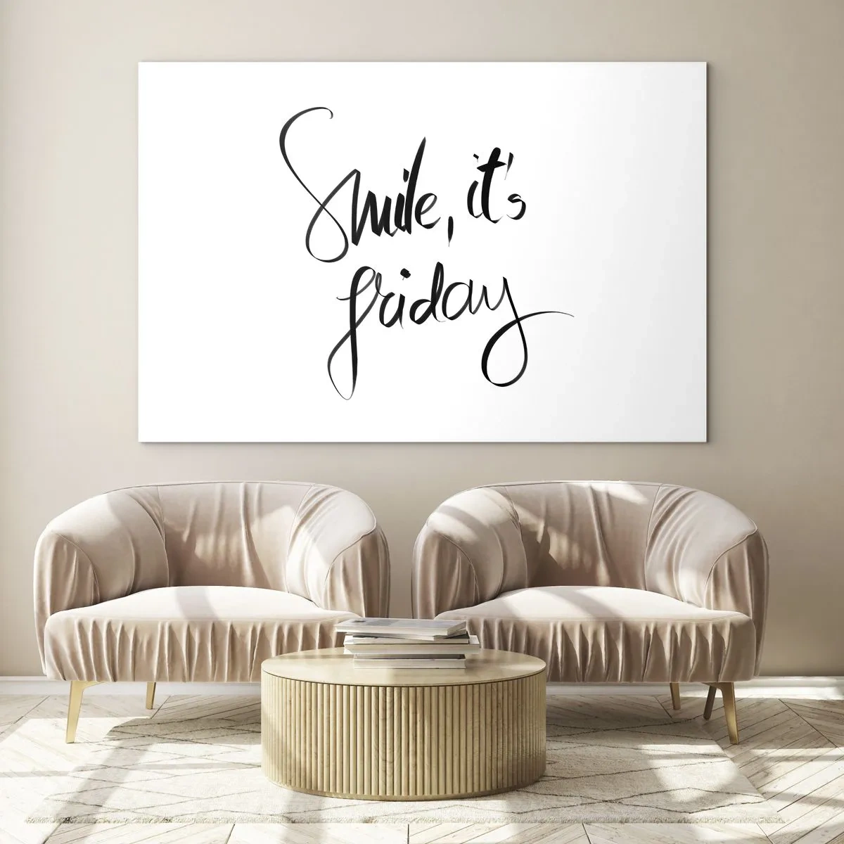 Cuadro sobre vidrio - Impresiones sobre Vidrio - Sonríe, es viernes, cita caligráfica - 120x80cm - La verdadera alegría - Decoración de pared moderna para salón y dormitorio ARTTOR