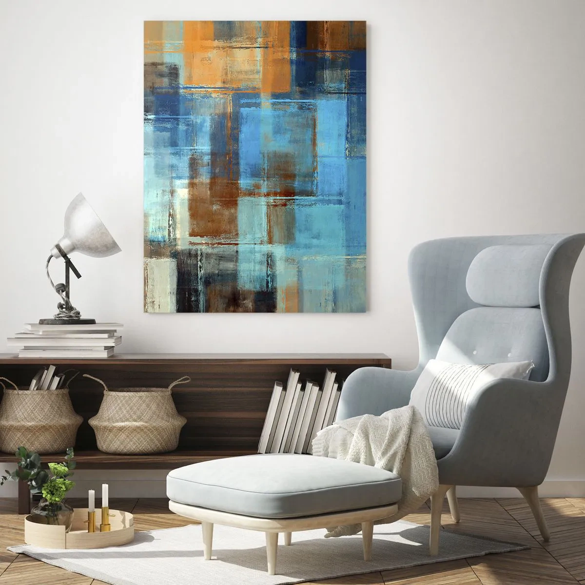 Cuadro sobre vidrio - Impresiones sobre Vidrio - Composición geométrica abstracta en tonos azules y marrones. - 50x70cm - A través del velo azul - Decoración de pared moderna para salón y dormitorio ARTTOR