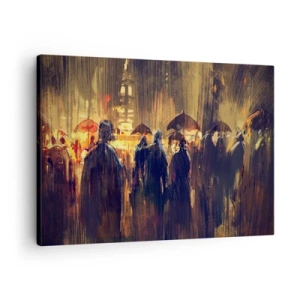 Cuadro sobre lienzo - Impresión de Imagen - Figuras con paraguas en una ciudad lluviosa por la noche - 70x50cm - Seguidores de la lluvia - Decoración de pared moderna para salón y dormitorio ARTTOR