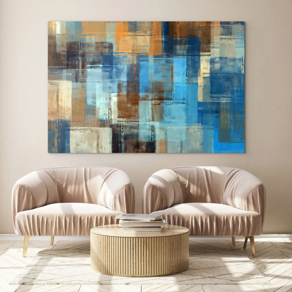 Cuadro sobre vidrio - Impresiones sobre Vidrio - Composición geométrica abstracta en tonos azules y marrones. - 70x50cm - A través del velo azul - Decoración de pared moderna para salón y dormitorio ARTTOR