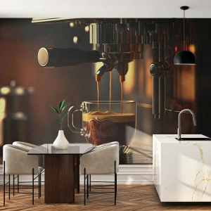 Fotomural Premium Sand - Una máquina de café con una taza de espresso en un interior elegante. - 100x70cm - Un brebaje sensual - Decoración de pared moderna para salón y dormitorio ARTTOR