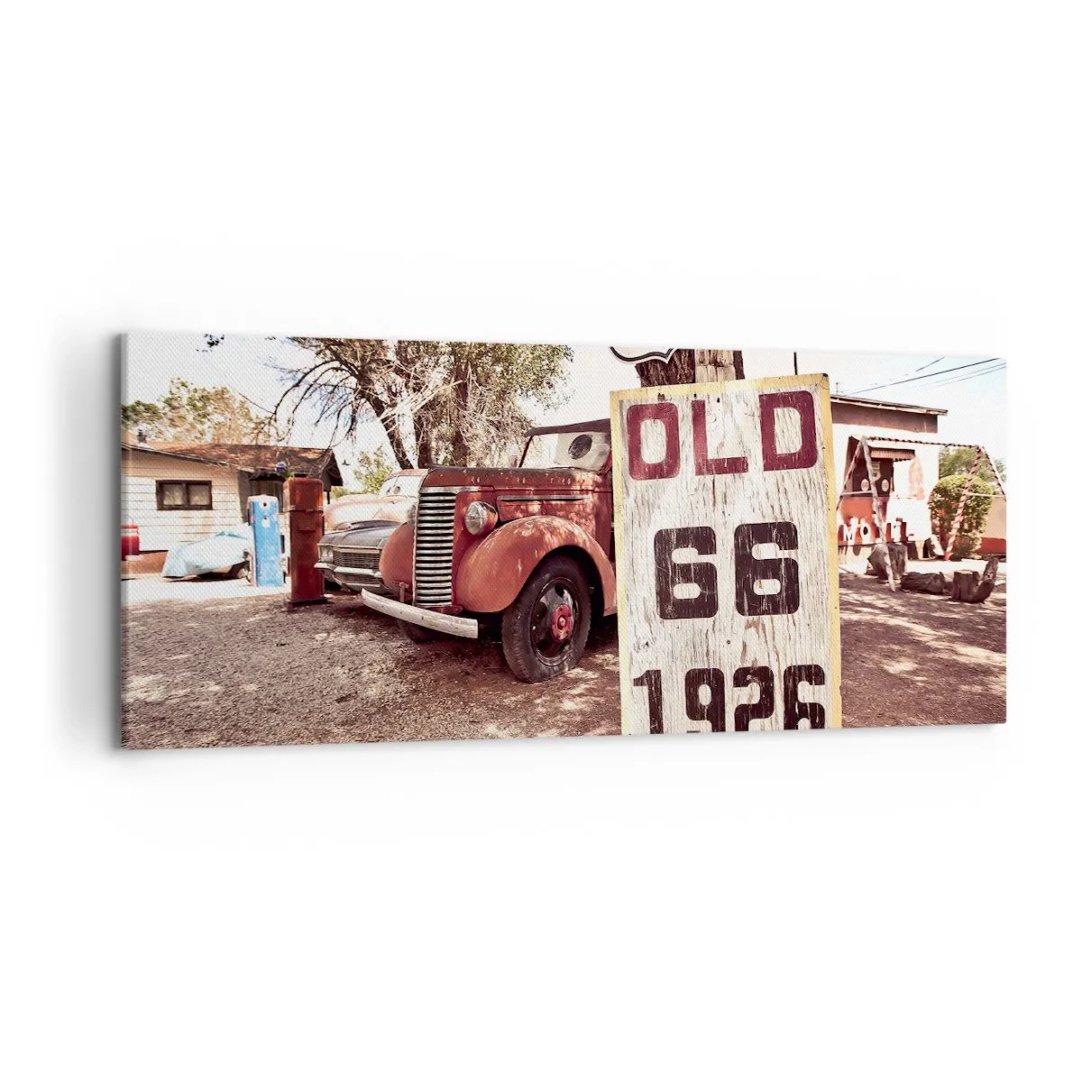Cuadro sobre lienzo - Impresión de Imagen - Coche retro y cartel de la Ruta 66 en un entorno rústico - 120x50cm - Una leyenda de la América profunda - Decoración de pared moderna para salón y dormitorio ARTTOR