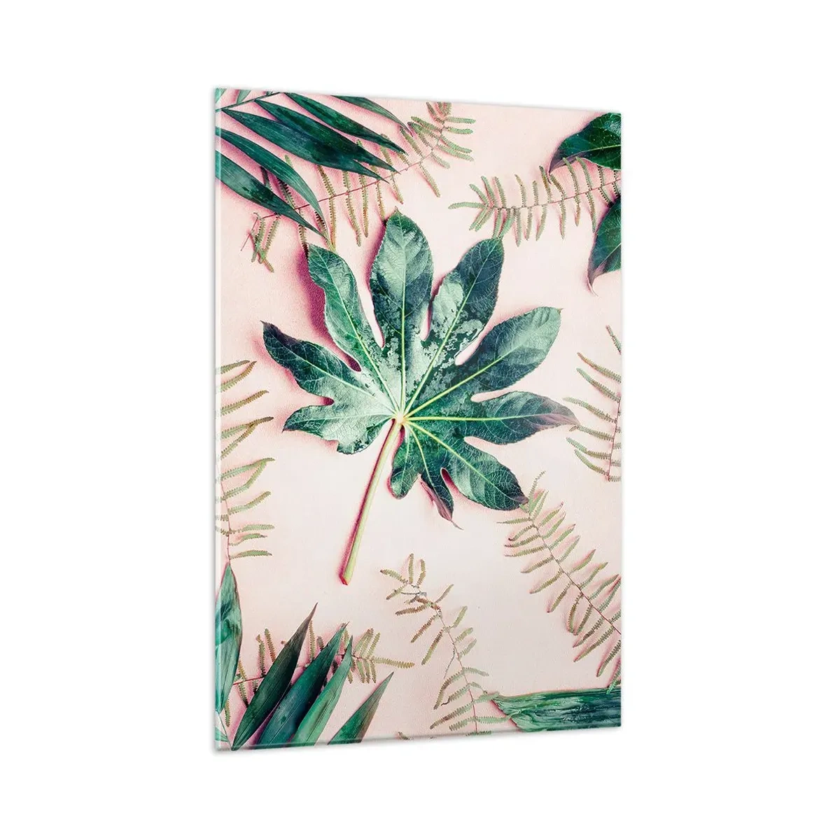 Cuadro sobre vidrio - Impresiones sobre Vidrio - Hojas tropicales sobre un fondo pastel claro. - 80x120cm - Estudio de vegetación sobre fondo rosa - Decoración de pared moderna para salón y dormitorio ARTTOR