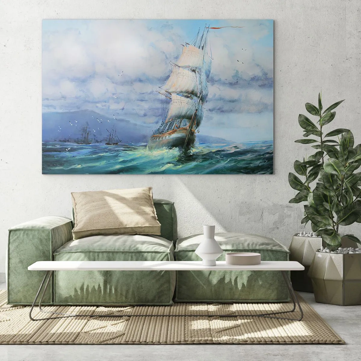 Cuadro sobre vidrio - Impresiones sobre Vidrio - Un barco con velas navegando en un mar tempestuoso bajo un cielo nublado. - 100x70cm - Viento en popa - Decoración de pared moderna para salón y dormitorio ARTTOR