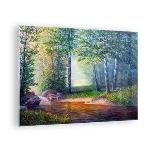 Cuadro sobre vidrio - Impresiones sobre Vidrio - Un arroyo forestal rodeado de árboles bajo los rayos del sol. - 70x50cm - Paisaje idílico - Decoración de pared moderna para salón y dormitorio ARTTOR
