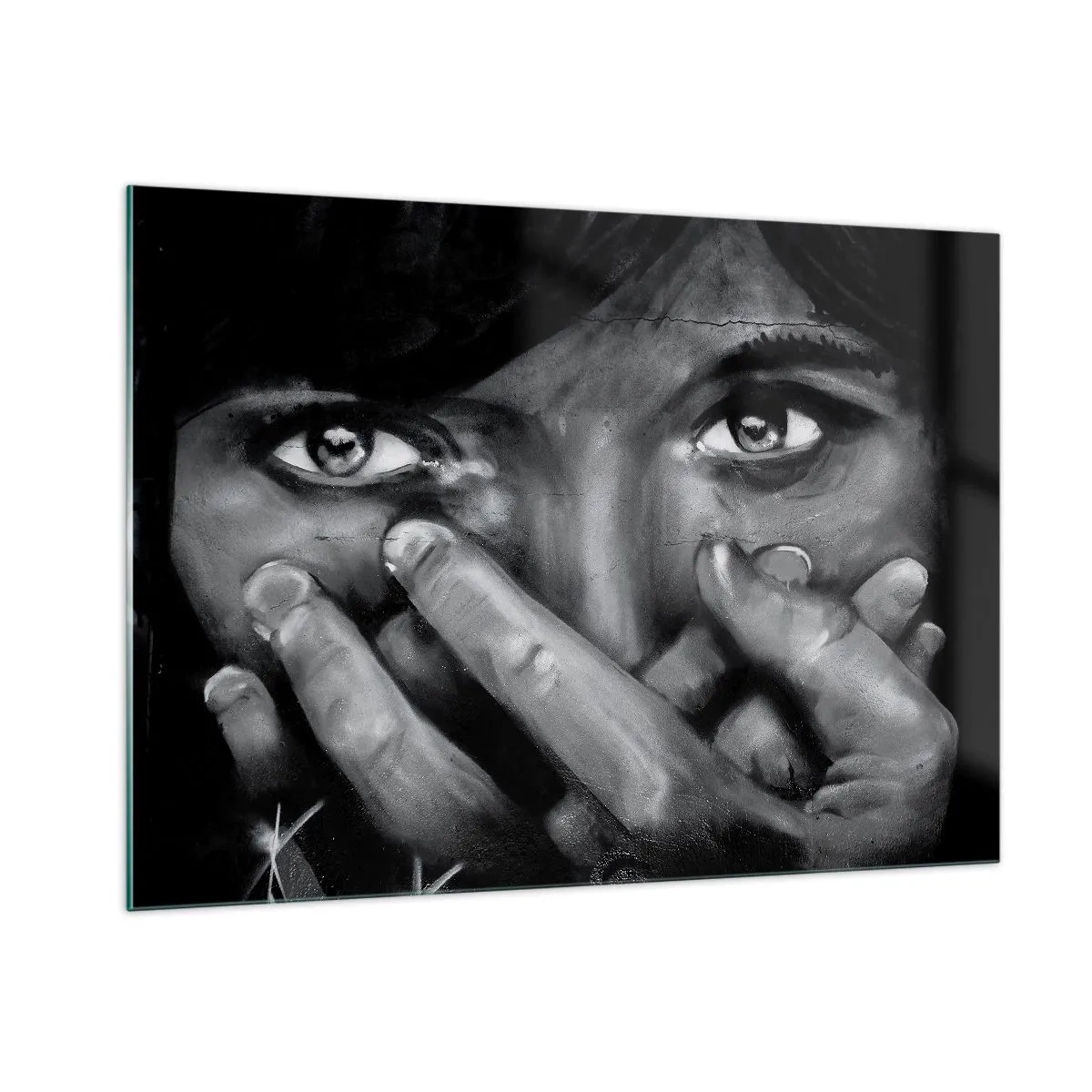 Cuadro sobre vidrio - Impresiones sobre Vidrio - Un retrato en blanco y negro con una mirada emotiva. - 100x70cm - No diré quién lo pintó - Decoración de pared moderna para salón y dormitorio ARTTOR