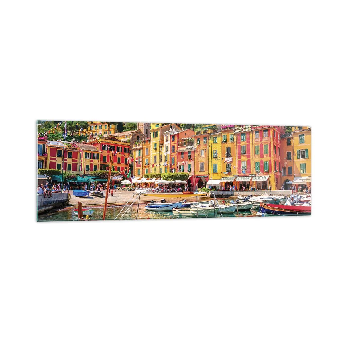 Cuadro sobre vidrio - Impresiones sobre Vidrio - Casas y barcos coloridos en una ciudad costera italiana - 160x50cm - Mañanas italianas - Decoración de pared moderna para salón y dormitorio ARTTOR