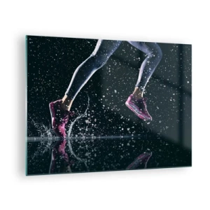 Cuadro sobre vidrio - Impresiones sobre Vidrio - Corriendo por el agua con zapatillas deportivas sobre un fondo oscuro - 70x50cm - Fuerza de impulso - Decoración de pared moderna para salón y dormitorio ARTTOR
