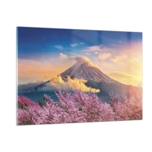 Cuadro sobre vidrio - Impresiones sobre Vidrio - El monte Fuji al fondo con árboles de sakura en flor en primer plano - 120x80cm - La santidad japonesa - Decoración de pared moderna para salón y dormitorio ARTTOR