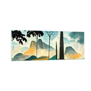 Cuadro sobre vidrio - Impresiones sobre Vidrio - Un paisaje pintoresco con árboles y montañas al fondo. - 140x50cm - Cada vez a más altitud - Decoración de pared moderna para salón y dormitorio ARTTOR