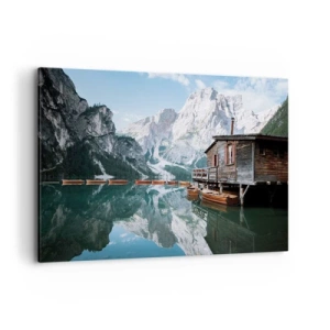 Cuadro sobre lienzo - Impresión de Imagen - Una cabaña de madera junto a un tranquilo lago de montaña. - 120x80cm - Una mañana cristalina de montaña - Decoración de pared moderna para salón y dormitorio ARTTOR