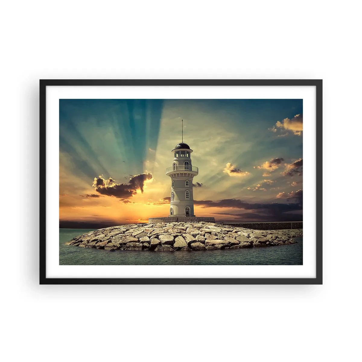 Póster en marco negro - Un faro al atardecer contra el cielo. - 70x50cm - Luz - Bondad - Belleza - Decoración de pared moderna para salón y dormitorio ARTTOR