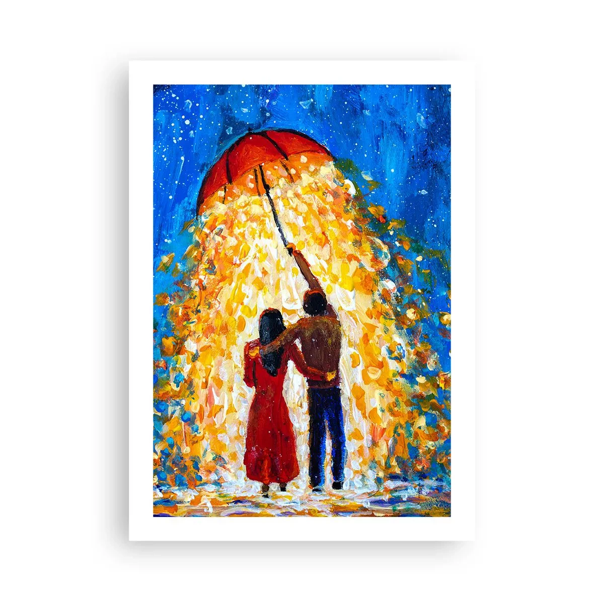 Póster - Una pareja romántica bajo una sombrilla llena de luz. - 50x70cm - La magia de una tarde lluviosa - Decoración de pared moderna para salón y dormitorio ARTTOR