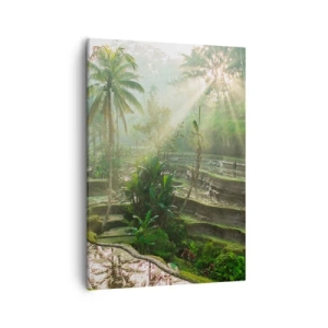 Cuadro sobre lienzo - Impresión de Imagen - Terrazas de arroz con palmeras bajo los rayos del sol - 50x70cm - Crecer bajo el sol - Decoración de pared moderna para salón y dormitorio ARTTOR