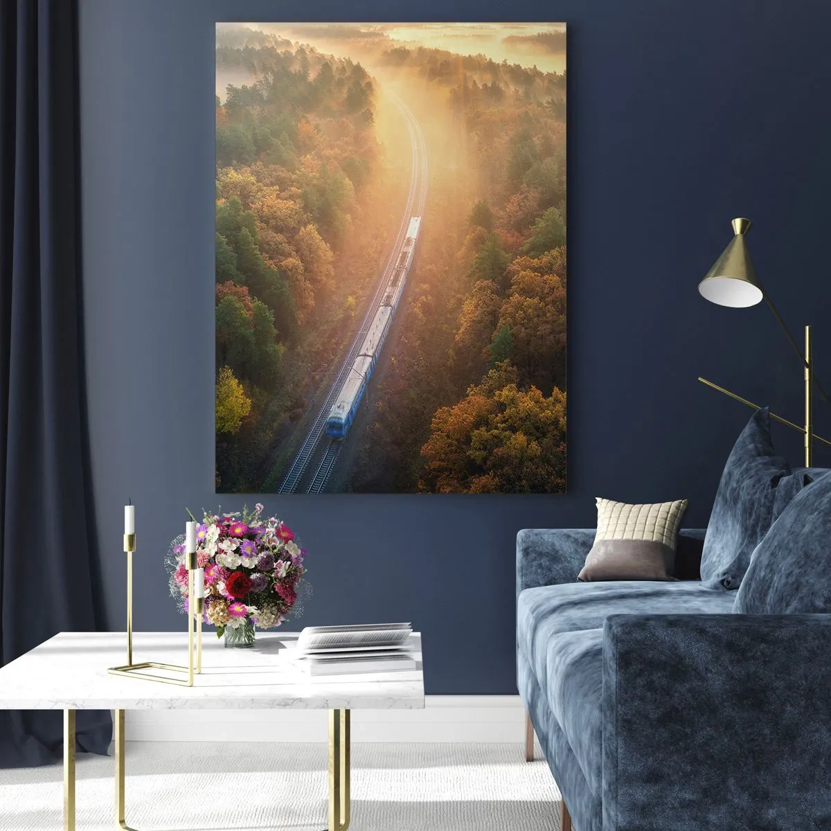Cuadro sobre vidrio - Impresiones sobre Vidrio - Un tren en un pintoresco paisaje otoñal, lleno de calidez y nostalgia. - 50x70cm - Un viaje otoñal - Decoración de pared moderna para salón y dormitorio ARTTOR