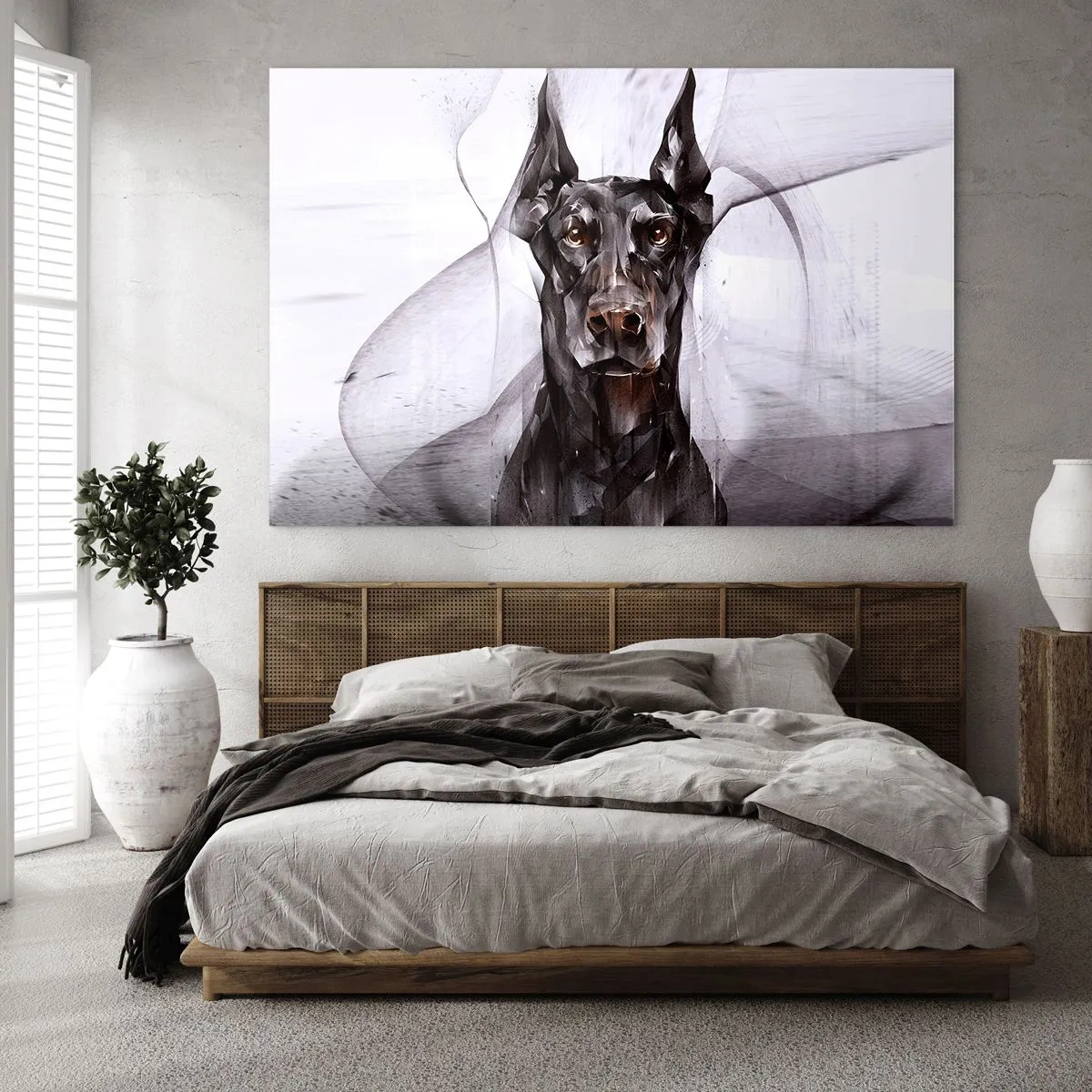 Cuadro sobre vidrio - Impresiones sobre Vidrio - Retrato de un perro negro en estilo abstracto sobre un fondo claro. - 70x50cm - Nacido noble - Decoración de pared moderna para salón y dormitorio ARTTOR