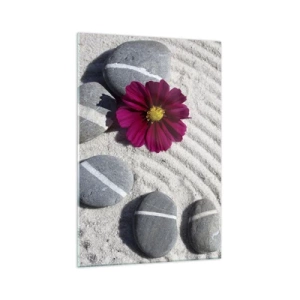 Cuadro sobre vidrio - Impresiones sobre Vidrio - Piedras y una flor rosa sobre la arena en estilo zen. - 70x100cm - Energía y paz del círculo mágico de la naturaleza - Decoración de pared moderna para salón y dormitorio ARTTOR