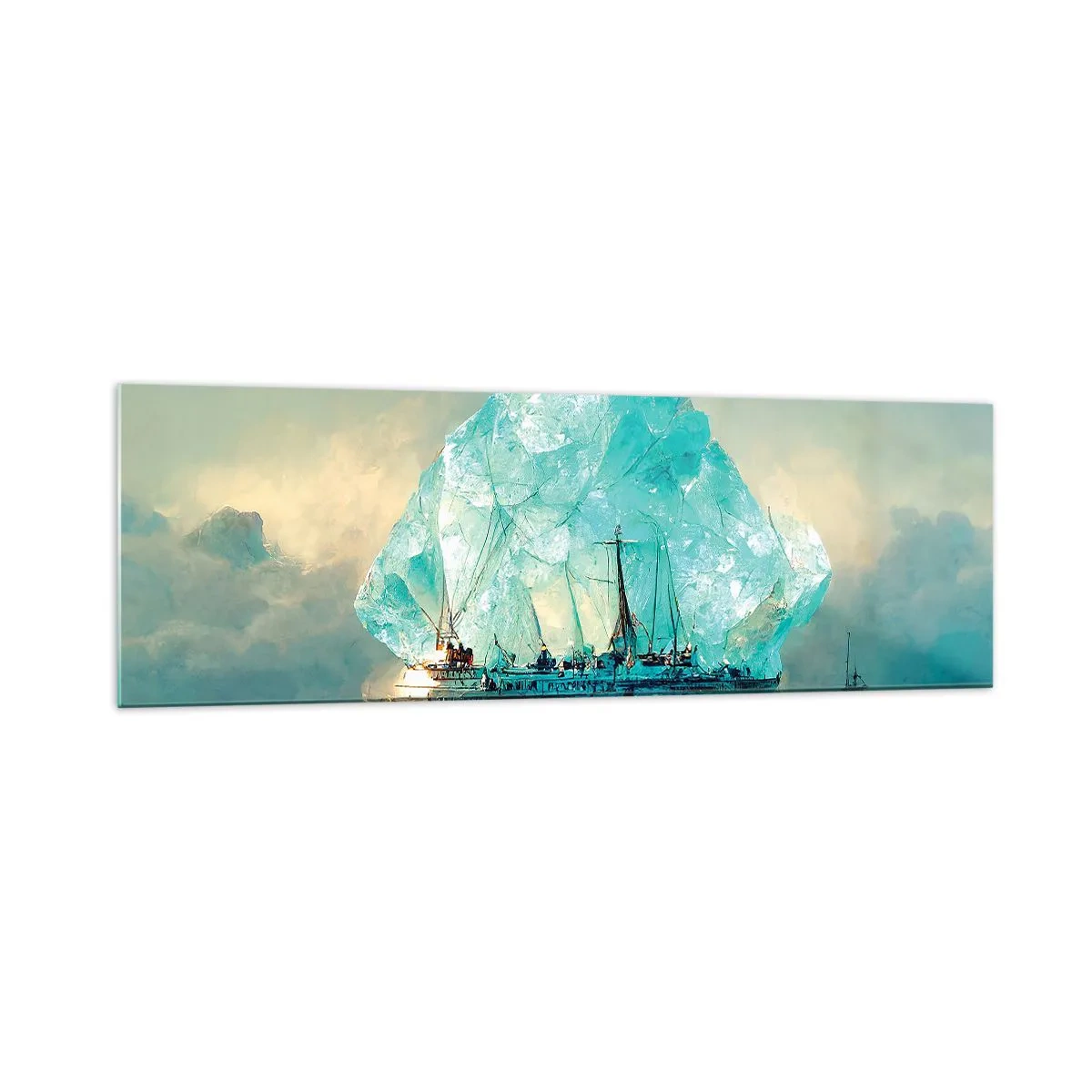 Cuadro sobre vidrio - Impresiones sobre Vidrio - Un barco con un majestuoso iceberg al fondo. - 160x50cm - Diamante ártico - Decoración de pared moderna para salón y dormitorio ARTTOR