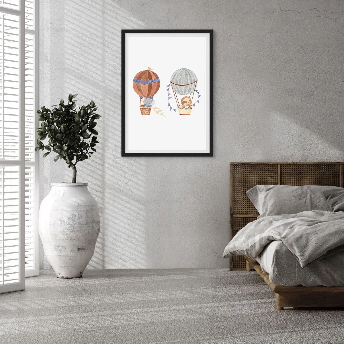 Póster en marco negro - Lindos animales en globos sobre un fondo blanco en estilo acuarela. - 50x70cm - Amigos de viaje - Decoración de pared moderna para salón y dormitorio ARTTOR