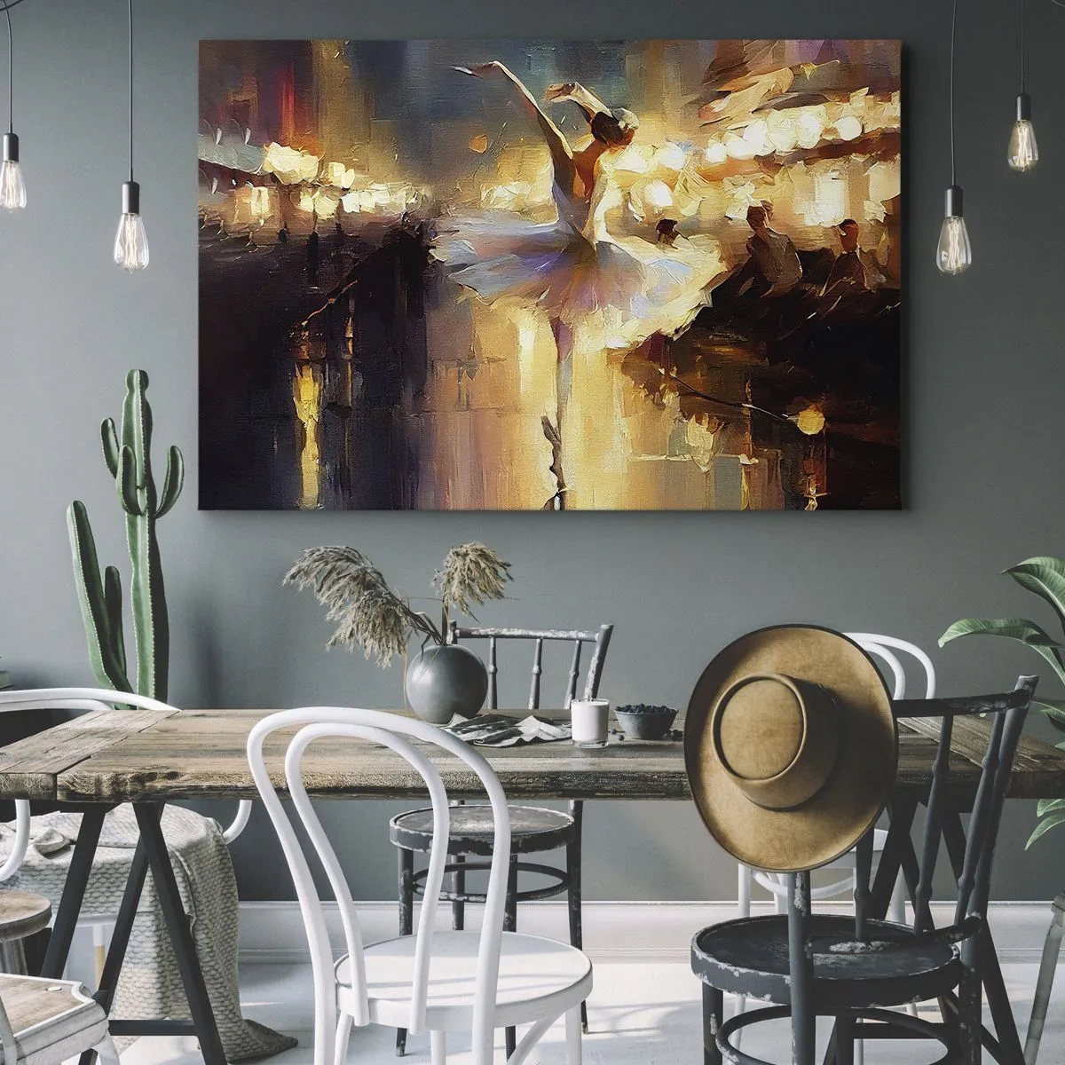 Cuadro sobre lienzo - Impresión de Imagen - Una bailarina bailando frente a un escenario iluminado. - 100x70cm - Un milagro en la calle - Decoración de pared moderna para salón y dormitorio ARTTOR