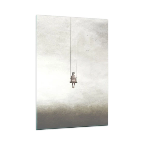 Cuadro sobre vidrio - Impresiones sobre Vidrio - Una figura en un columpio suspendido en el cielo. - 50x70cm - El niño que llevamos dentro - Decoración de pared moderna para salón y dormitorio ARTTOR
