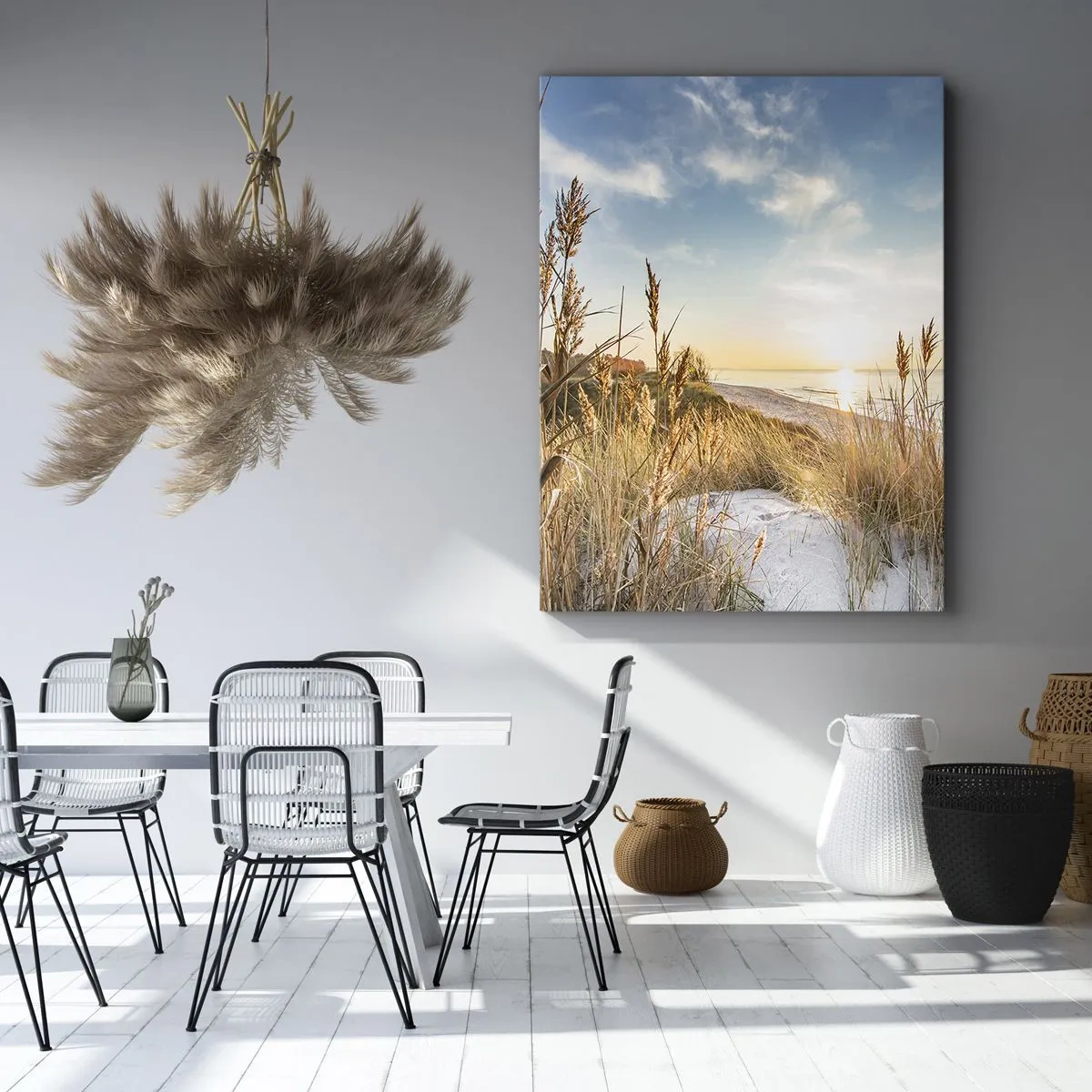 Cuadro sobre lienzo - Impresión de Imagen - Una playa pintoresca con césped y la puesta de sol. - 50x70cm - Playa del norte - Decoración de pared moderna para salón y dormitorio ARTTOR