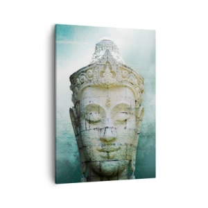 Cuadro sobre lienzo - Impresión de Imagen - Estatua de Buda con una suave niebla sobre un fondo verde. - 50x70cm - Buscando la luz - Decoración de pared moderna para salón y dormitorio ARTTOR