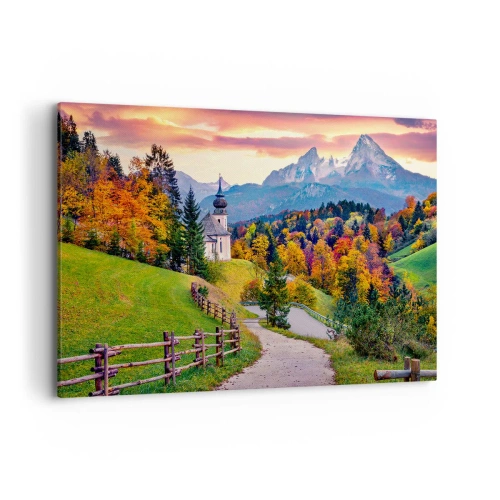 Cuadro sobre lienzo - Impresión de Imagen - Paisaje otoñal de montaña con capilla y puesta de sol. - 100x70cm - Paisaje como una pintura - Decoración de pared moderna para salón y dormitorio ARTTOR