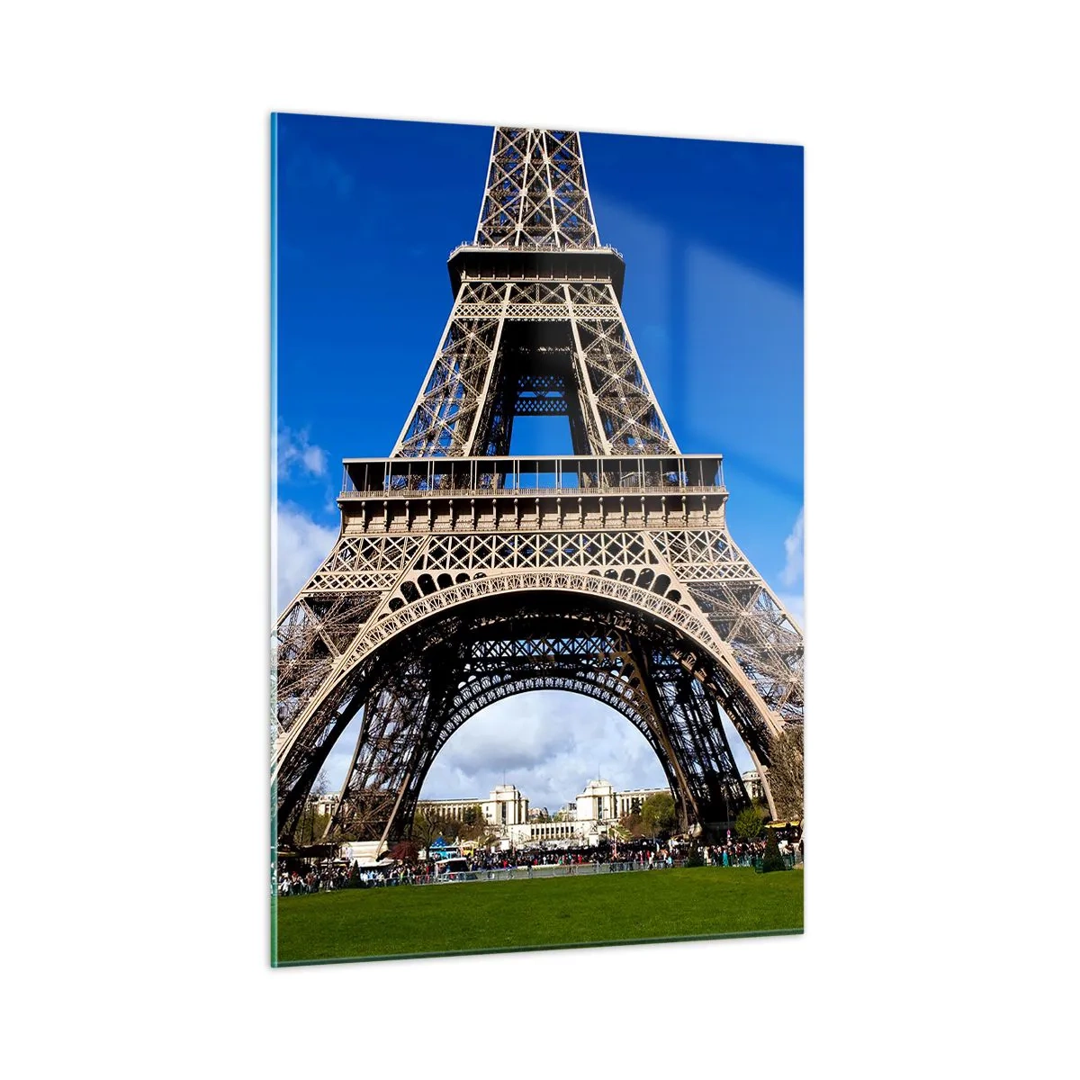 Cuadro sobre vidrio - Impresiones sobre Vidrio - La Torre Eiffel contra un cielo azul - 50x70cm - Todo París a sus pies - Decoración de pared moderna para salón y dormitorio ARTTOR