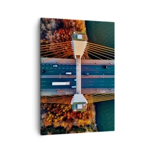 Cuadro sobre lienzo - Impresión de Imagen - Vista aérea del puente sobre el río y el paisaje otoñal. - 50x70cm - Más allá de las aguas, más allá de los bosques - Decoración de pared moderna para salón y dormitorio ARTTOR