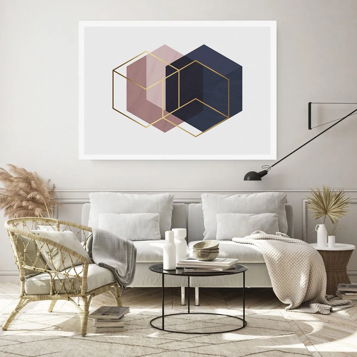 Póster - Formas geométricas en líneas doradas sobre un fondo pastel. - 100x70cm - El poder de la sencillez - Decoración de pared moderna para salón y dormitorio ARTTOR