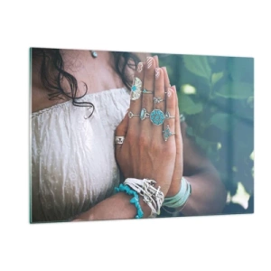Cuadro sobre vidrio - Impresiones sobre Vidrio - Manos de mujer con joyas bohemias - 120x80cm - Conocimiento interior - Decoración de pared moderna para salón y dormitorio ARTTOR