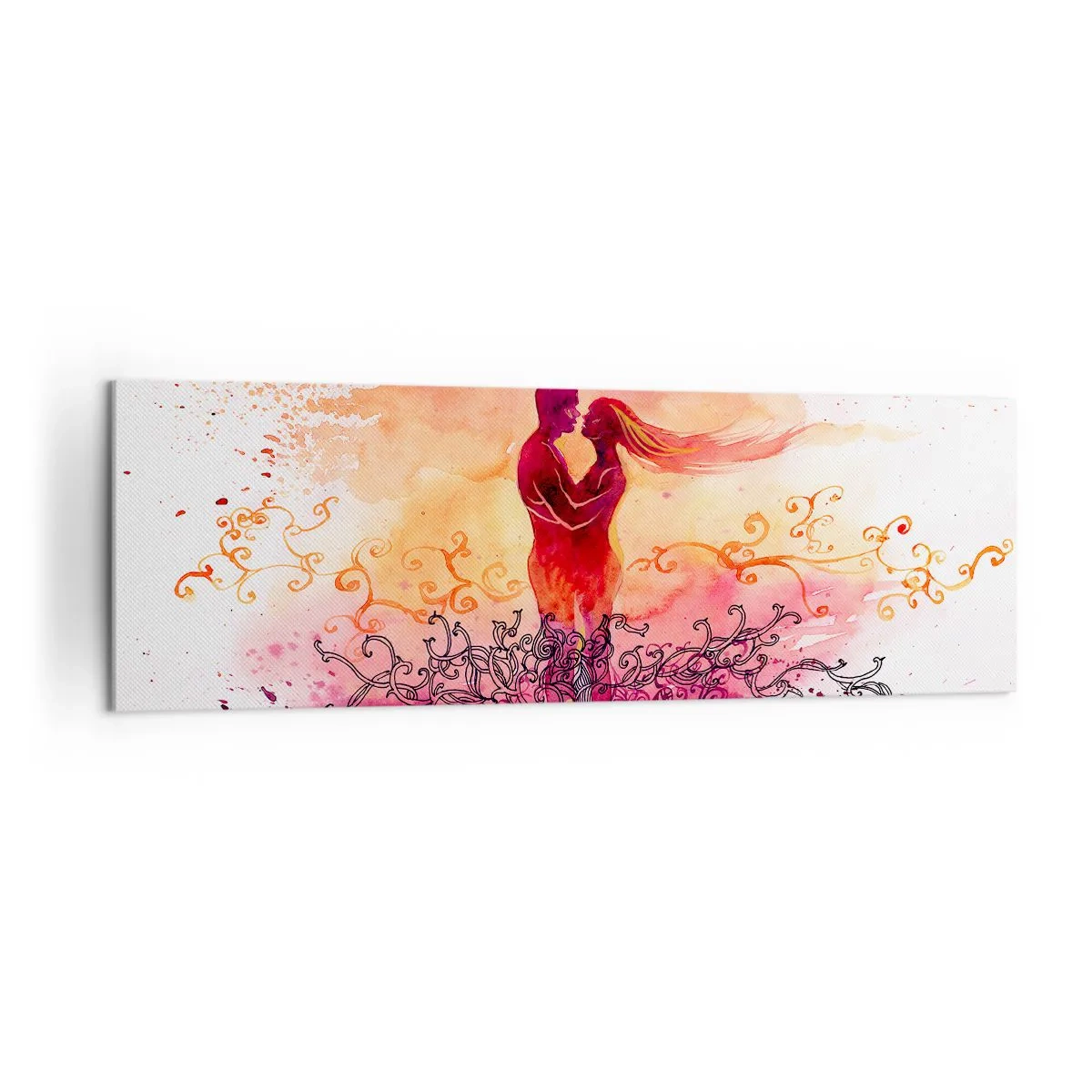 Cuadro sobre lienzo - Impresión de Imagen - Una pareja abrazándose sobre un patrón abstracto rosa y naranja. - 160x50cm - ¡Un solo corazón! Necesito tan poco para ser feliz… - Decoración de pared moderna para salón y dormitorio ARTTOR