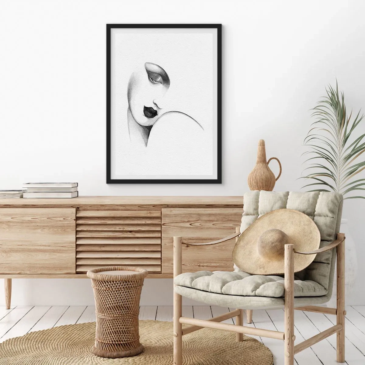 Póster en marco negro - Un retrato sutil de una mujer en estilo blanco y negro. - 50x70cm - Pensativa - Decoración de pared moderna para salón y dormitorio ARTTOR