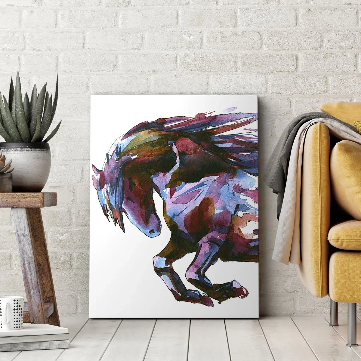 Cuadro sobre lienzo - Impresión de Imagen - Un caballo en colores abstractos dinámicos que simboliza la libertad. - 80x120cm - En éxtasis - Decoración de pared moderna para salón y dormitorio ARTTOR