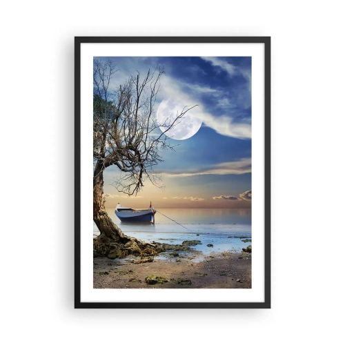 Póster en marco negro - Paisaje con un barco, un árbol y la luna sobre un fondo de agua tranquila. - 50x70cm - ¿Es el final o el principio? - Decoración de pared moderna para salón y dormitorio ARTTOR
