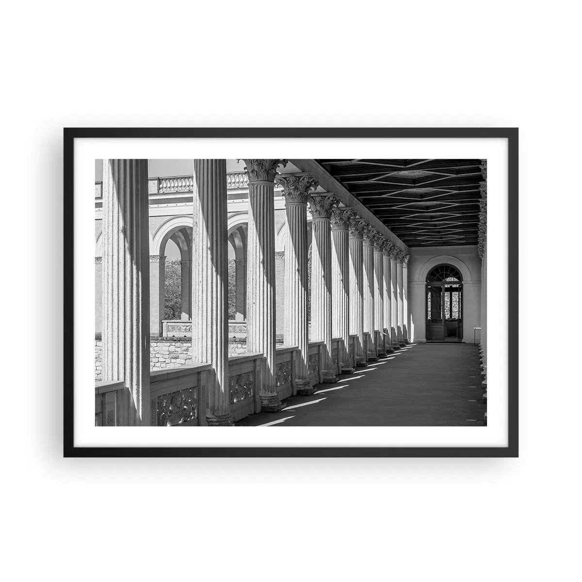 Póster en marco negro - Columnata de estilo clásico en blanco y negro - 70x50cm - Galería soleada - Decoración de pared moderna para salón y dormitorio ARTTOR