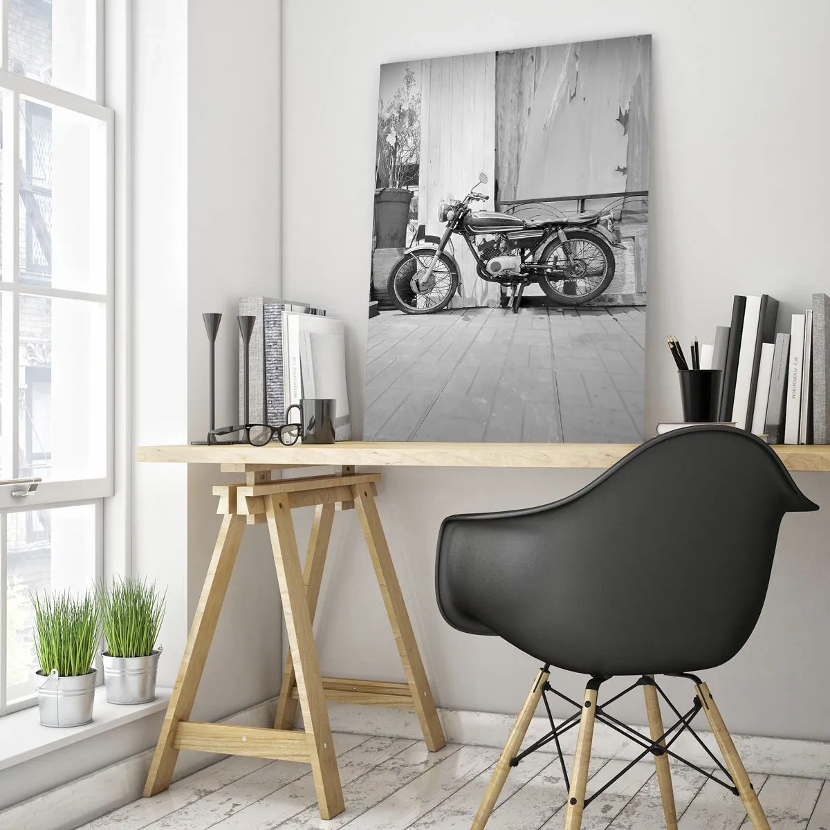 Cuadro sobre vidrio - Impresiones sobre Vidrio - Una motocicleta de estilo retro apoyada contra una pared de madera. - 50x70cm - Los clásicos por encima de todo - Decoración de pared moderna para salón y dormitorio ARTTOR